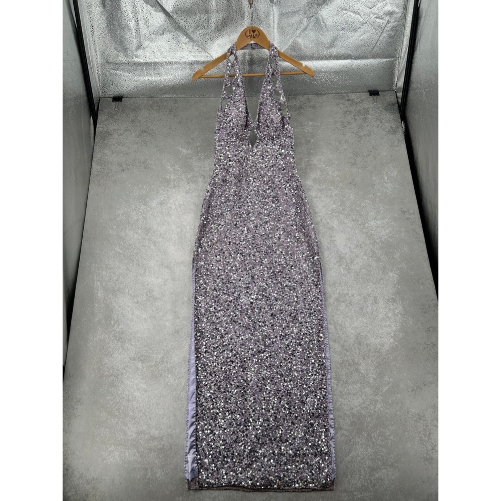 Scala Lavender Silk Sequin Beaded Halter Neck Formal Gown Dress Purple Small